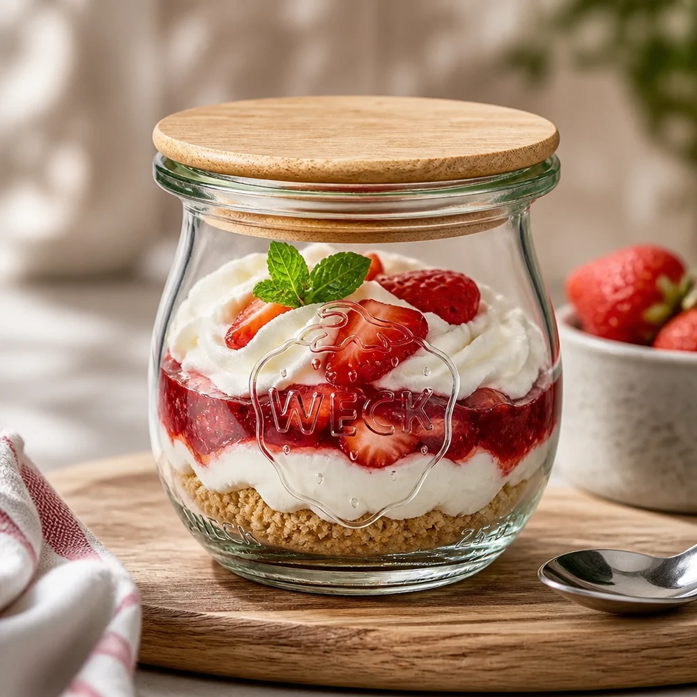 75ml Tulpenglas WECK RR40 mit Holzdeckel WECK Tulpenglas 75ml RR40 Dessertglas mit Bambusdeckel gefüllt mit Erdbeerdessert und Sahne auf Holztisch