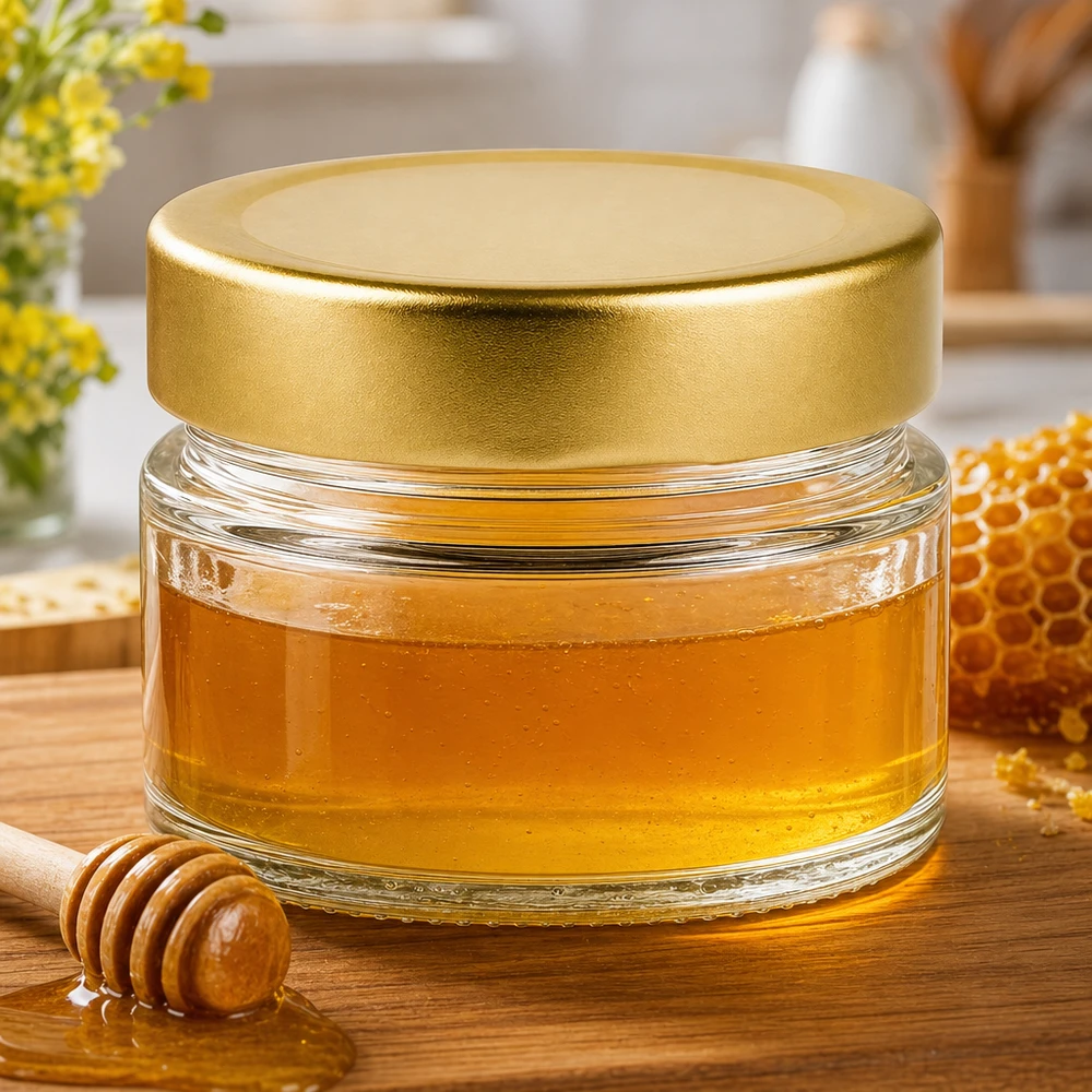 80ml Rundglas mit BasicSeal Deckel gold deep gefüllt mit Honig neben Wabe und Honiglöffel auf Holzbrett