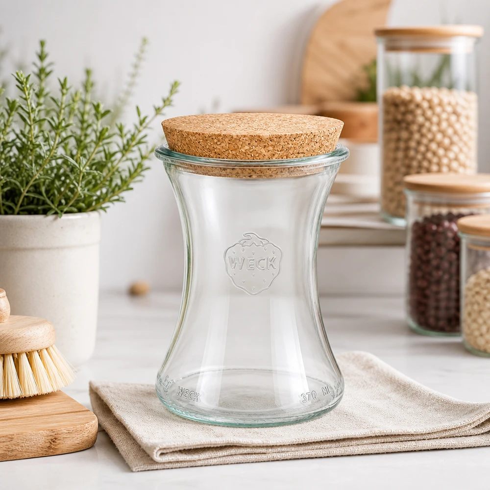 370ml Delikatessenglas WECK RR80 mit Korken natur WECK Delikatessenglas 370ml RR80 in moderner Küche mit Vorratsgläsern Kräutern und Holzaccessoires als Deko