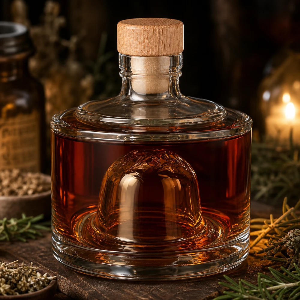 Elegante 200ml Glasflasche Barbara mit bernsteinbraunem Whisky gefüllt rustikale Dekoration Holzkorken Premium Design