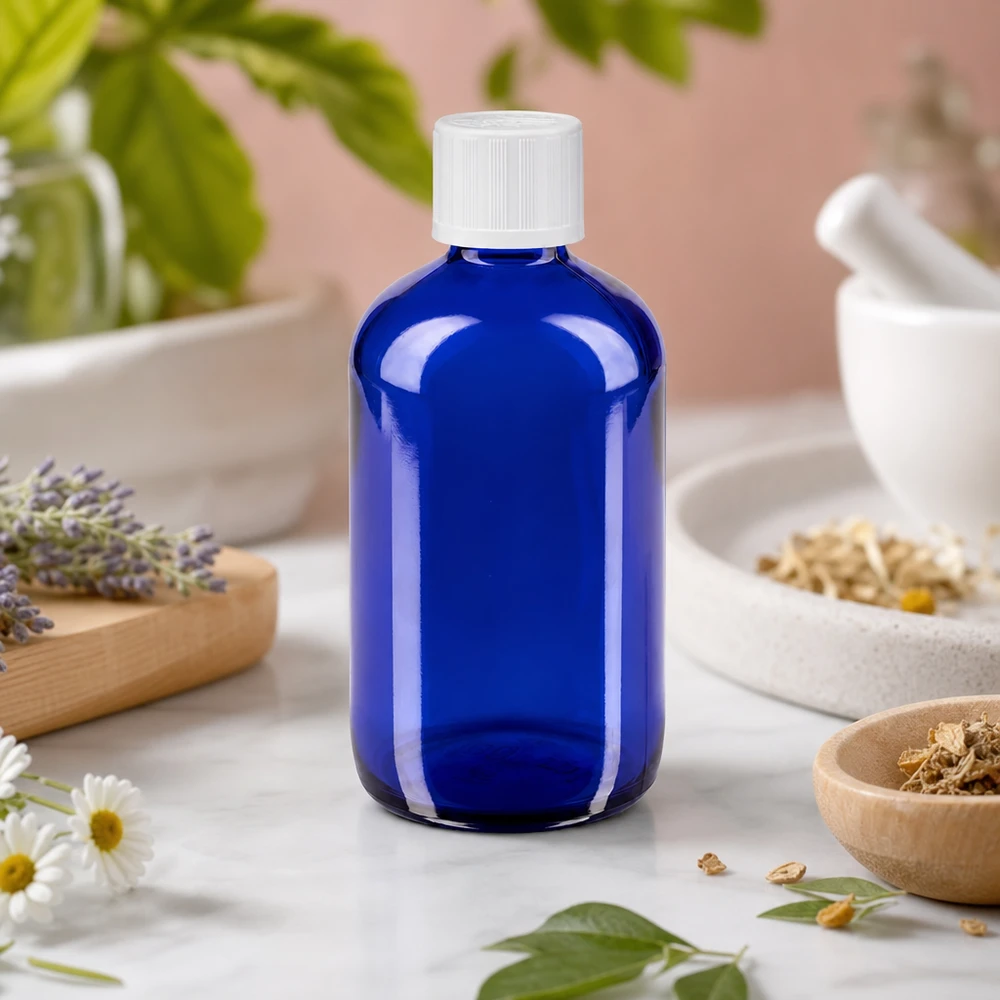 Uviol-blaue 100ml Flasche mit weißem Tropfverschluss ideal für lichtempfindliche Flüssigkeiten