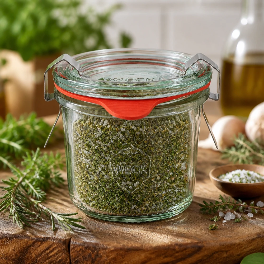 Gewürzglas Idee: WECK-Mini-Sturzglas 80ml Grünes Kräutersalz in WECK Sturzglas 80ml mit Glasdeckel neben Olivenöl und Gewürzen