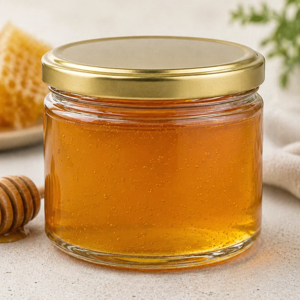Honigglas 700g gefüllt mit goldenem Honig und BasicSeal Deckel neben Honigwaben und Honiglöffel aus Holz
