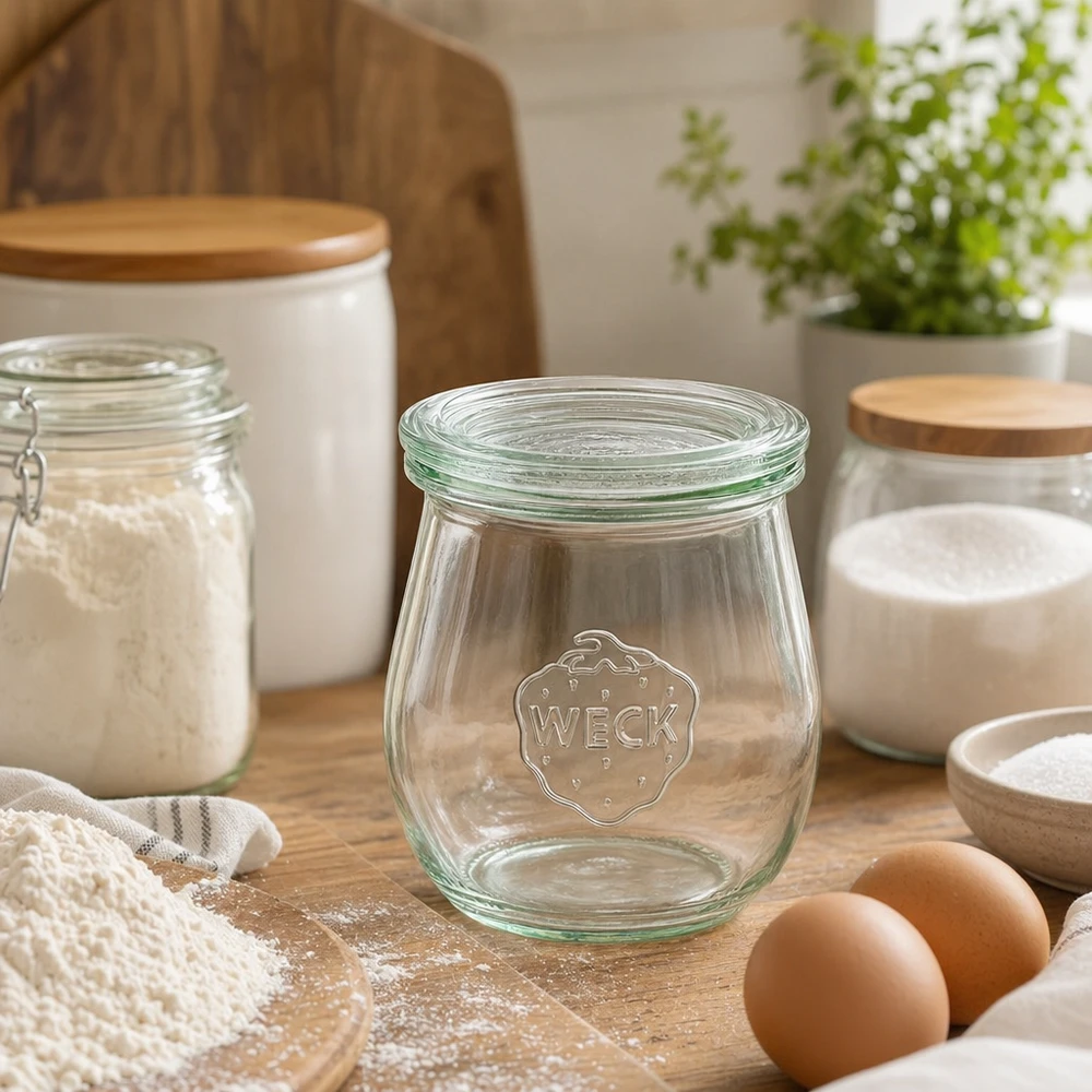 WECK Tulpenglas 220ml RR60 leer in moderner Küche mit Kochzutaten Eiern Mehl und Küchenausstattung aus Holz