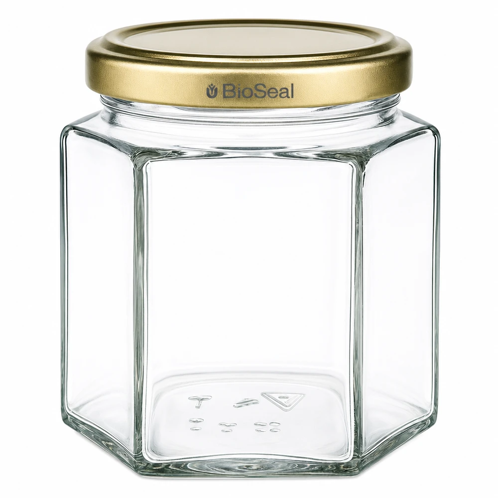 520g Honigglas hexagonal transparent mit goldenem BioSeal Deckel für Imker und Honigabfüllung