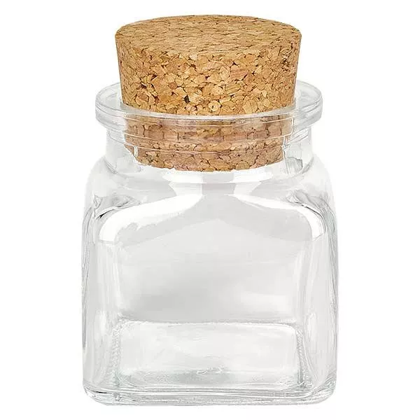 Quadratus 120ml klar, Öffn 39mm, mit Kork 38/42 Quadratus 120ml klar, Öffn 39mm, mit Kork 38/42