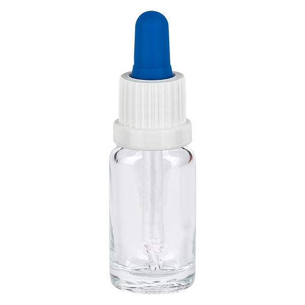 10ml Pipettenflasche weiß/blau Originalitätsverschluss ClearLine UT18/10 Pipettenflasche Klarglas 10ml mit blauem Gummisauger und weißem Originalitätsverschluss