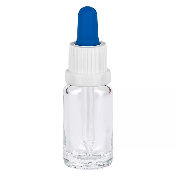 Pipettenflasche Klarglas 10ml mit blauem Gummisauger und weißem Originalitätsverschluss