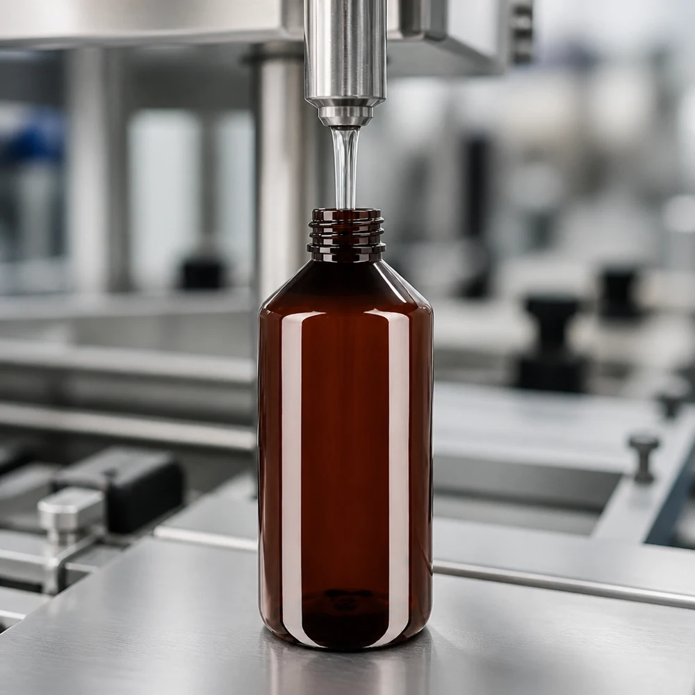 PET Flasche 1000ml mit weißem Originalitätsverschluss geriffelt Pharmagerechte 1000ml Rundflasche aus bernsteinfarbenem PET mit weißem OV-Verschluss