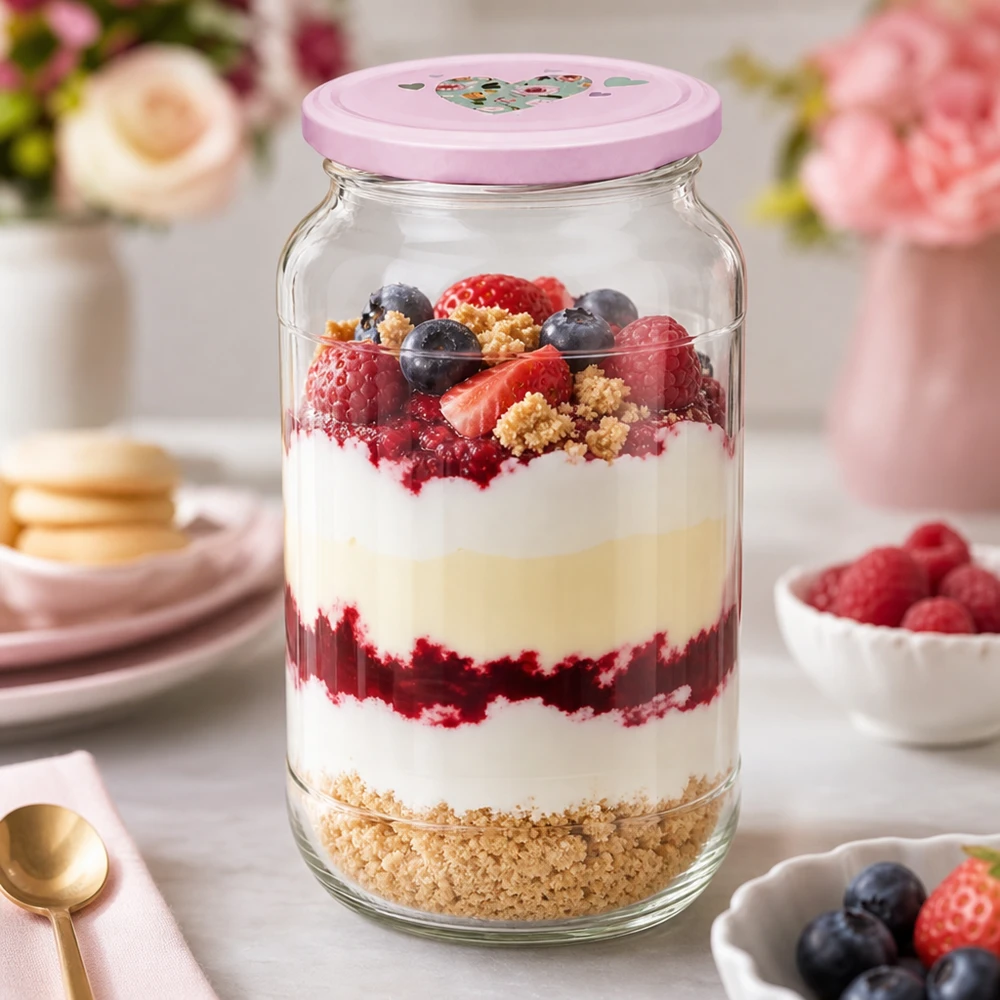 1062ml Rundglas BasicSeal rosa Herzdeckel mit Schichtdessert Beeren Joghurt als stylisches Dessertglas auf Tisch