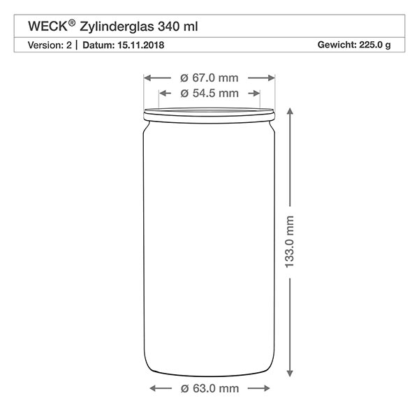 12er Set Weck Gläser 340ml Zylindergläser Technische Zeichnung WECK Zylinderglas 340ml mit Maßangaben Höhe 133mm Durchmesser 63mm Gewicht 225g RR60