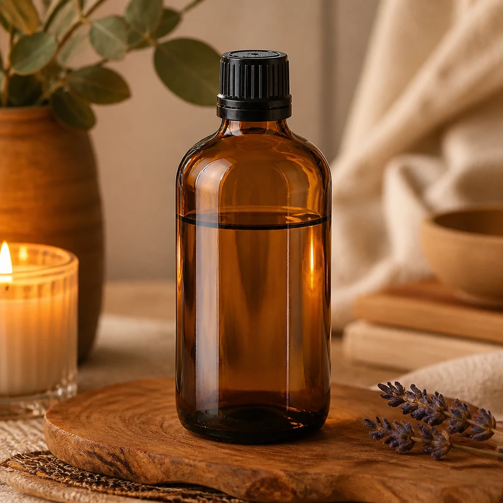Hochwertige braune Glasflasche 100ml mit schwarzem Originalverschluss für Aromatherapie