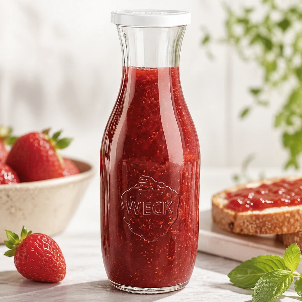 1062ml Saftflasche mit Frischedeckel WECK RR60 WECK Glasflasche 1062ml mit Erdbeermarmelade gefüllt neben frischen Erdbeeren und Brot mit Aufstrich