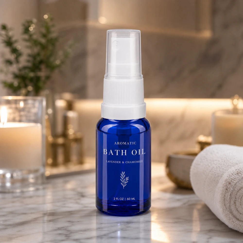 Hochwertige 10ml Pumpflasche aus blauem Glas mit weißem Zerstäuberkopf für Kosmetik