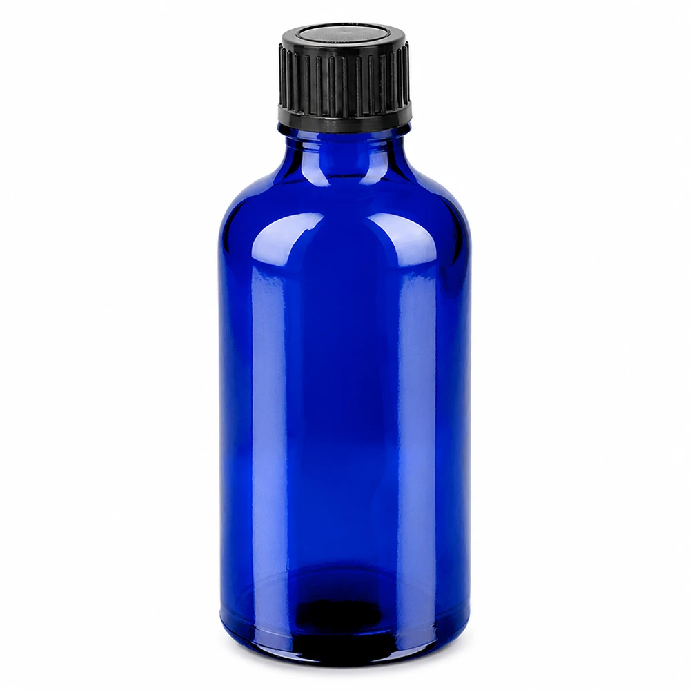 Kompakte 50ml Flasche in Apothekerblau aus Glas mit schwarzem 11mm Verschluss
