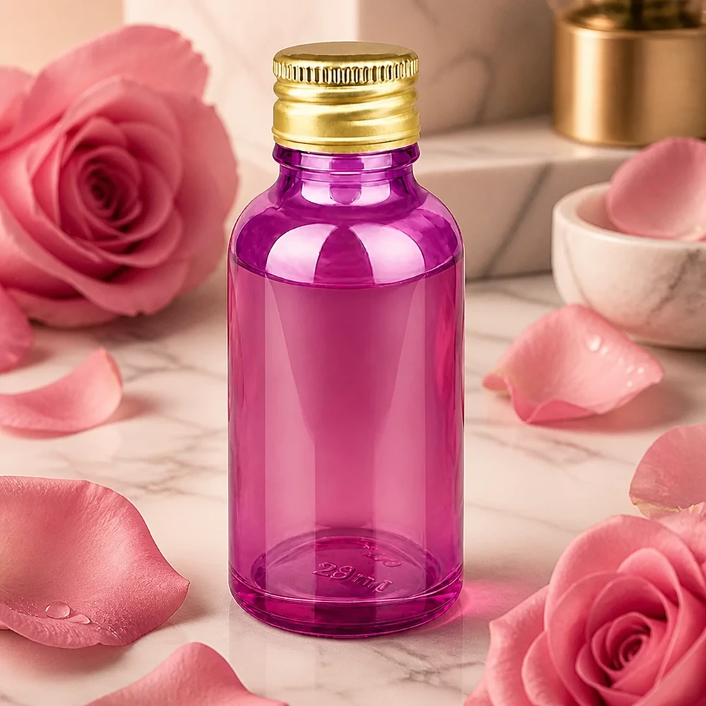 Kompakte 30ml Flasche in Purple-Optik mit glänzendem Gold-Verschluss für DIY-Kosmetik