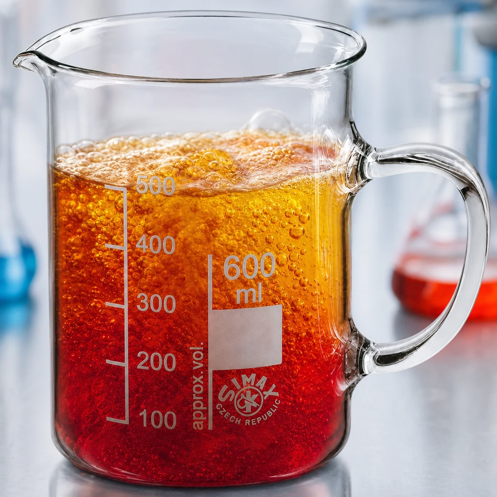 Becherglas 600ml Borosilikatglas, mit Henkel Graduiertes 600ml Laborglas mit Henkel und lebhaft reagierendem rotem Inhalt