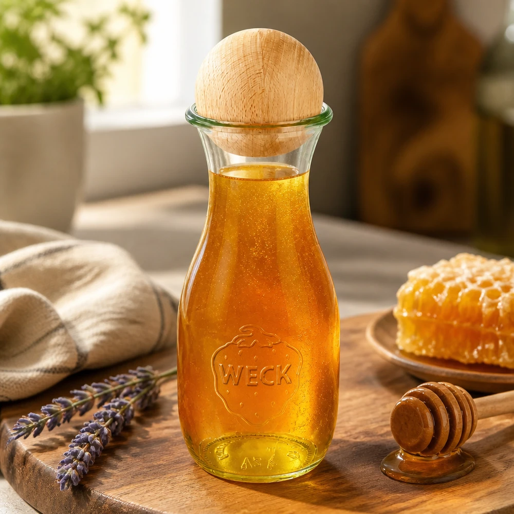530ml Saftflasche WECK RR60 mit Holzkugel Buche 530ml WECK Glasflasche mit Honig befüllt und Buchenholzkugel auf Holzbrett mit Honigwabe und Lavendel dekoriert