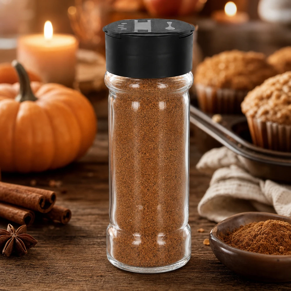 Salz-/Gewürzglas 100ml mit Doppelstreuer schwarz Transparentes Gewürzglas 100ml mit schwarzem Streuerdeckel neben frisch gebackenen Muffins