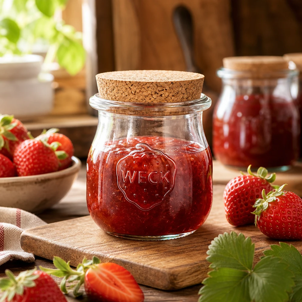75ml Tulpenglas WECK RR40 mit Korken natur WECK Tulpenglas 75ml mit Korken gefüllt mit Erdbeermarmelade auf Holzbrett umgeben von frischen Erdbeeren Küchenszenerie