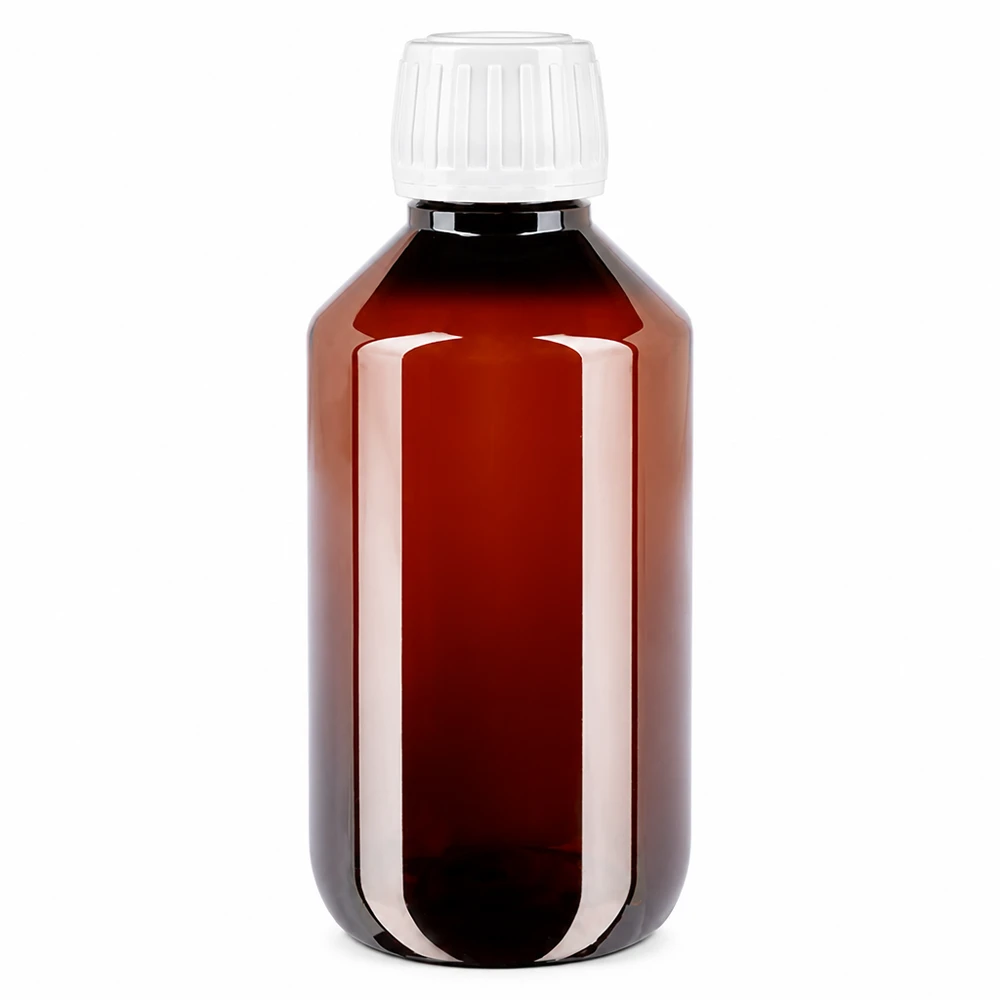 PET Flasche 200ml mit weißem Standard Originalitätsverschluss Braune 200ml Kunststoffflasche mit weißem OV aus hochwertigem PET für Flüssigkeiten geeignet