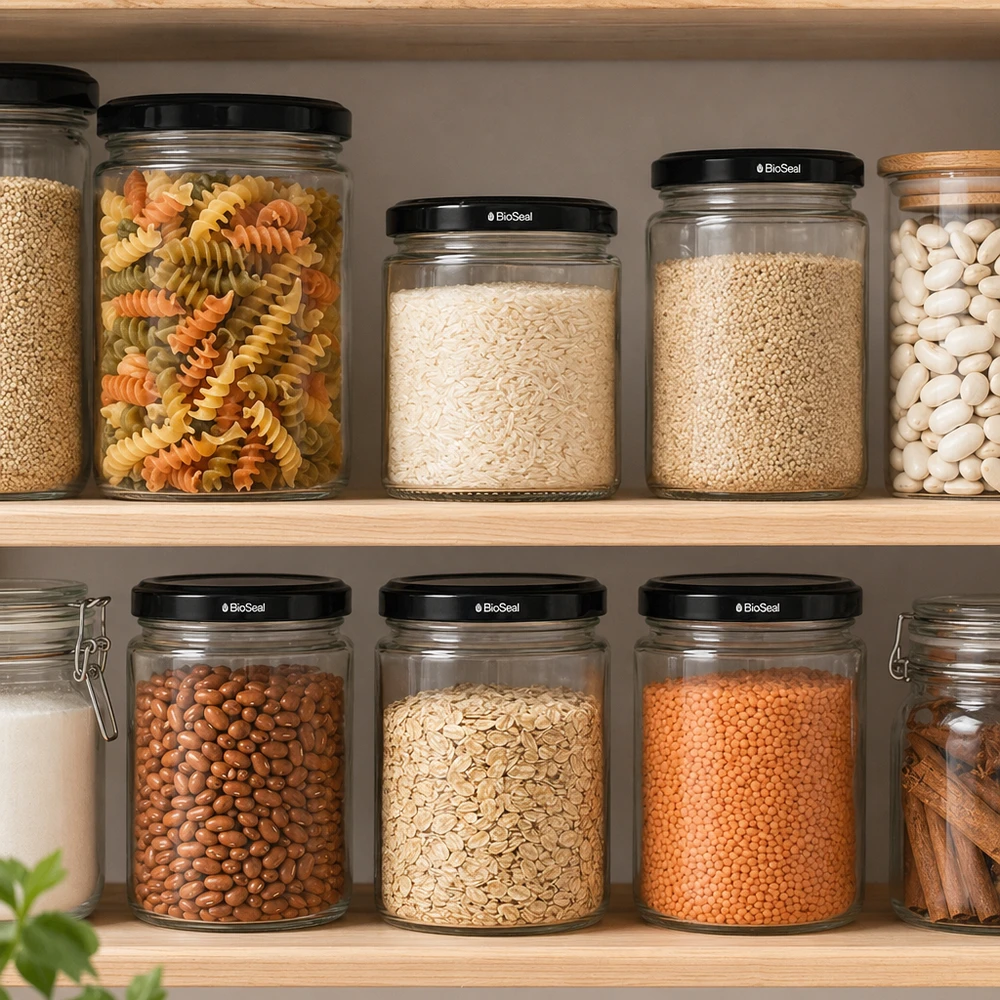 330ml Rundglas + BioSeal Deckel schwarz UNiTWIST UniTWIST Runda330 Vorratsgläser mit schwarzen BioSeal Deckeln in organisierter Pantry mit Pasta Reis Bohnen Linsen