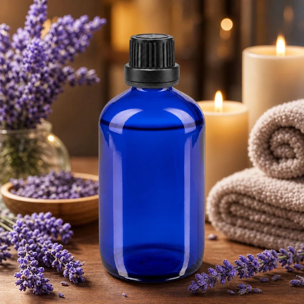Apothekenflasche blau 100ml Schraubverschluss schwarz Dichteinlage Originalitätsverschluss Dunkelblaue 100ml Apoglas Flasche mit Originalitätsband schwarz für Naturkosmetik