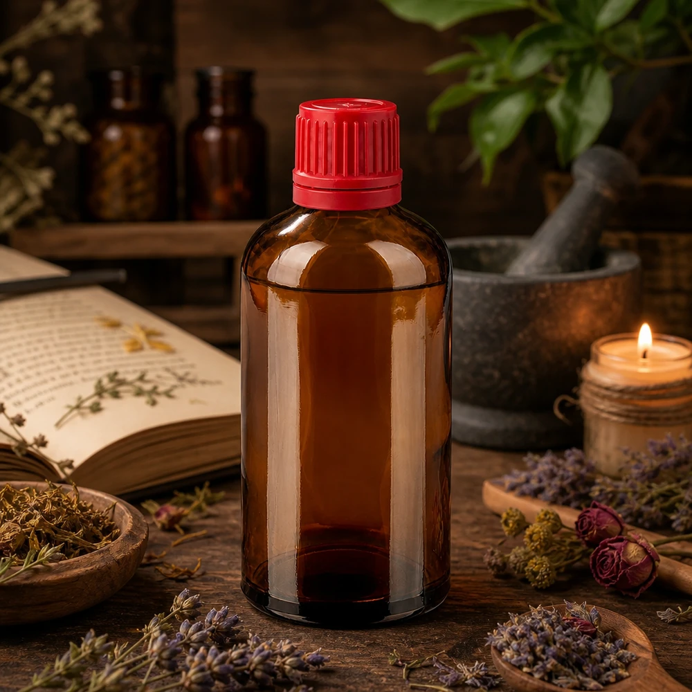 Kompakte Braunglasflasche 100ml mit rotem Verschluss - ideal für Naturheilkunde und Aromatherapie