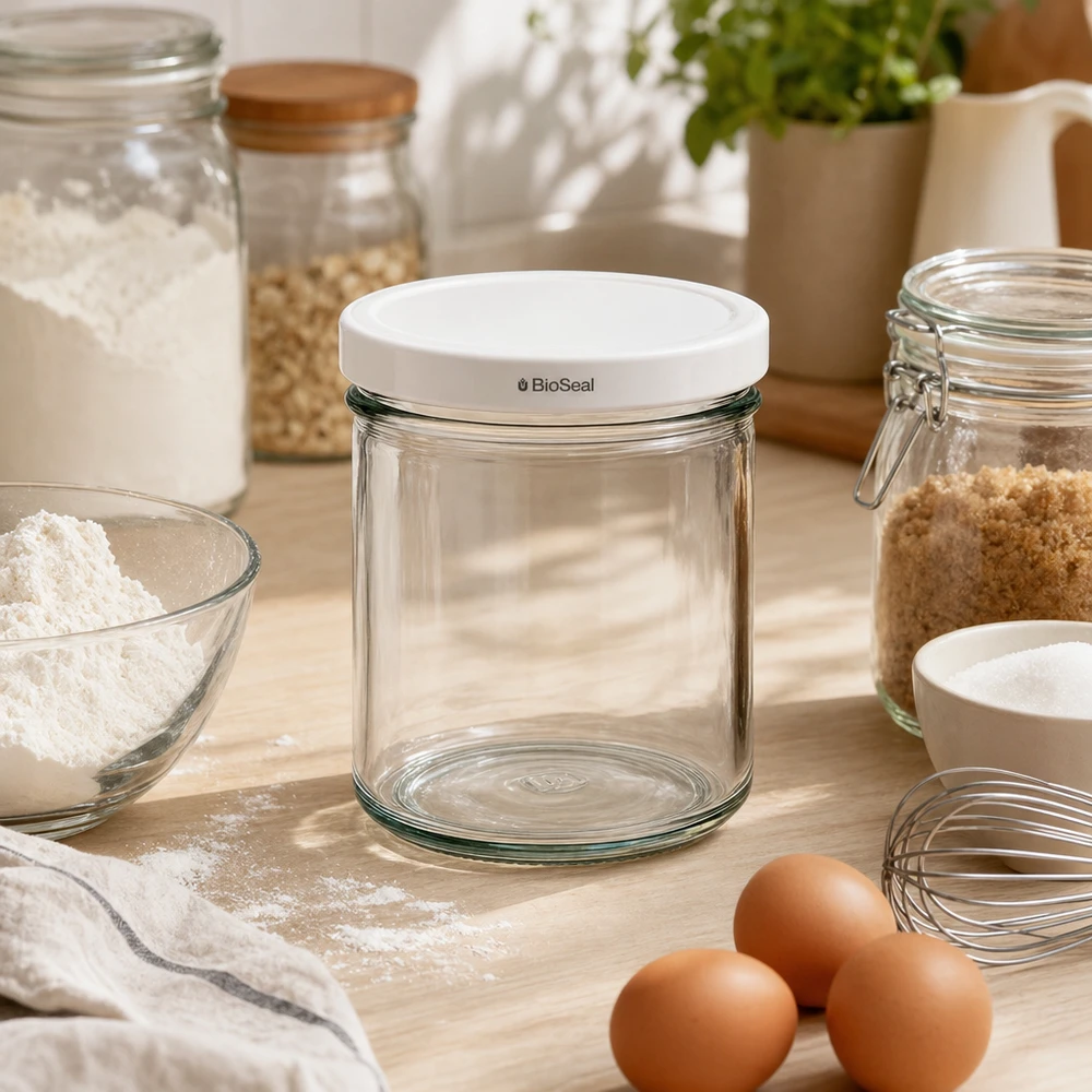 UNiTWIST 167ml Sturz-Glas leer Küchenszene Backzutaten Eier Mehl weißer TO66 BioSeal Deckel Lebensmittelaufbewahrung