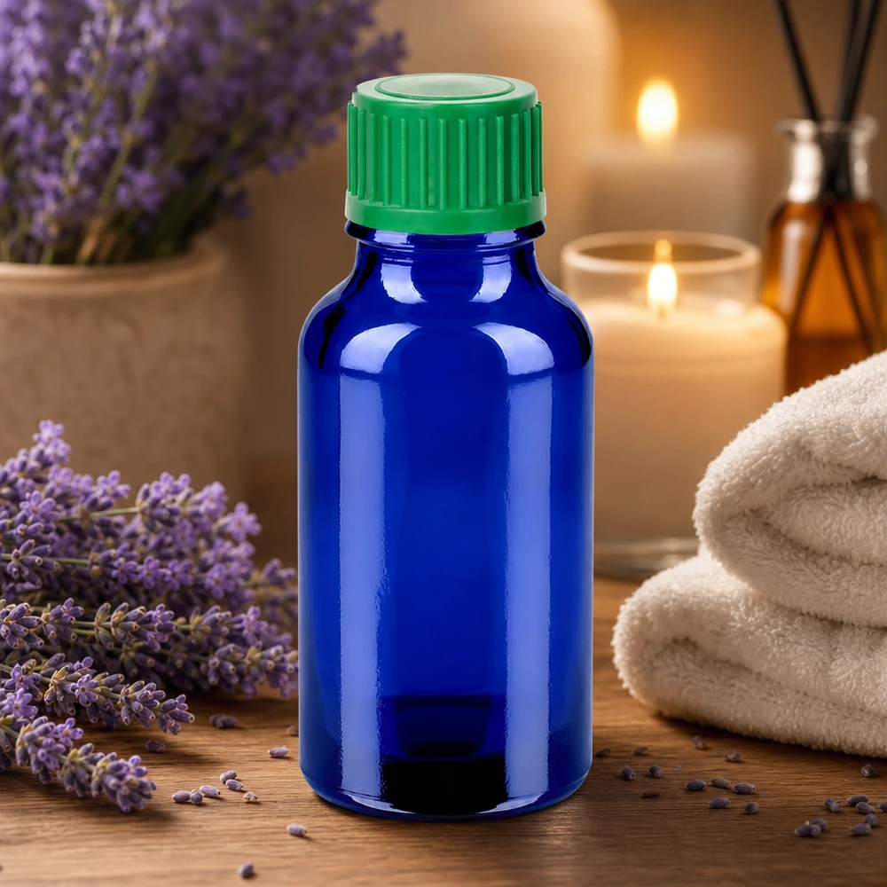 20ml Tropfflasche 0.8mm grün Standardverschluss BlueLine UT18/20 Kompakte 20ml blaue Glasflasche mit grünem Tropfer für mobile Anwendung und Reiseapotheke