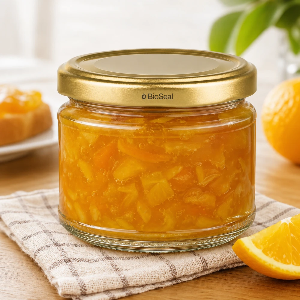 330ml Rundglas + BioSeal Deckel gold UNiTWIST UniTWIST Runda330 Marmeladenglas mit goldenem TO82 BioSeal Deckel gefüllt mit Orangenmarmelade auf Holztisch