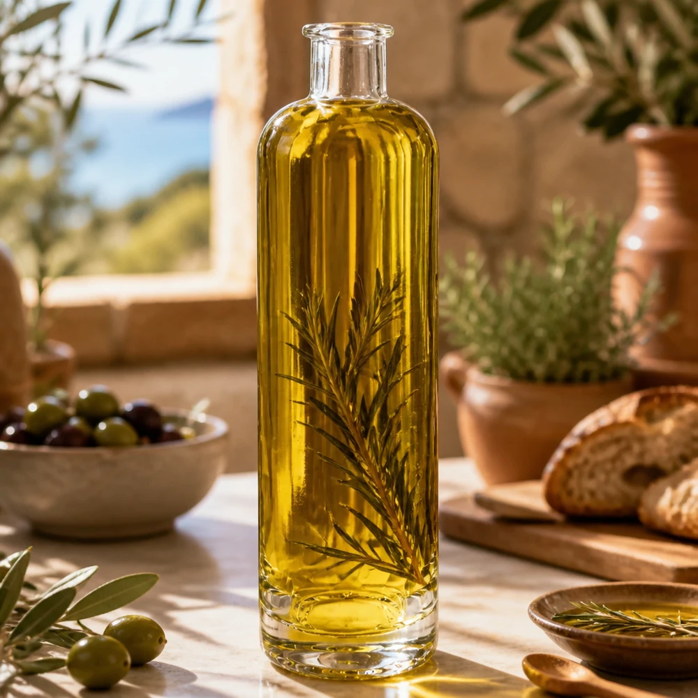 500ml Glasflasche "Ella" ohne Verschluss UNiTWIST 500ml Glasflasche Ella mit Olivenöl und Rosmarin gefüllt in mediterraner Küche stylisches Infusion-Beispiel