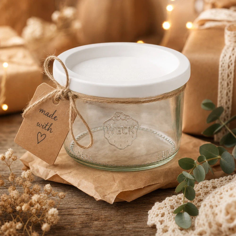 WECK Sturzglas 200ml RR80 als Geschenk dekoriert mit Juteschnur und Anhänger Made with Love auf Holztisch