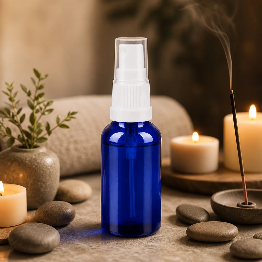 30ml Sprayflasche weiß/transparent Standardverschluss BlueLine UT18/30 Robuste 30ml Sprayflasche aus getöntem Glas schützt lichtempfindliche Inhaltsstoffe optimal
