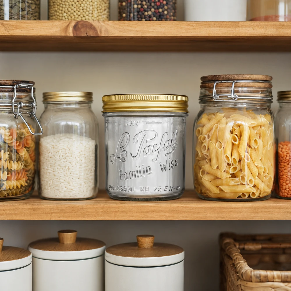 Sturzglas Familia Wiss 539ml mit goldenem Deckel in organisierter Vorratskammer zwischen Pasta und Reis Gläsern