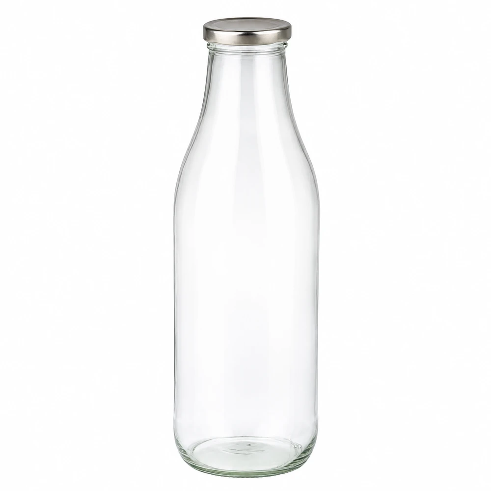 1000ml Glasflasche mit silbernem BasicSeal Deckel leer und transparent für Getränke und Aufbewahrung