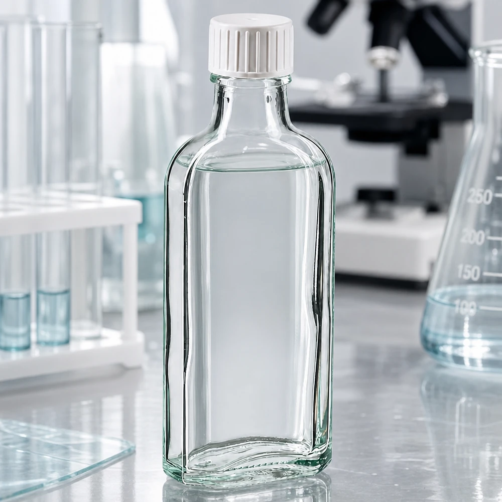 Hochwertige 100ml Klarglasflasche im Meplat-Design mit weißem Dosierverschluss und Gießring