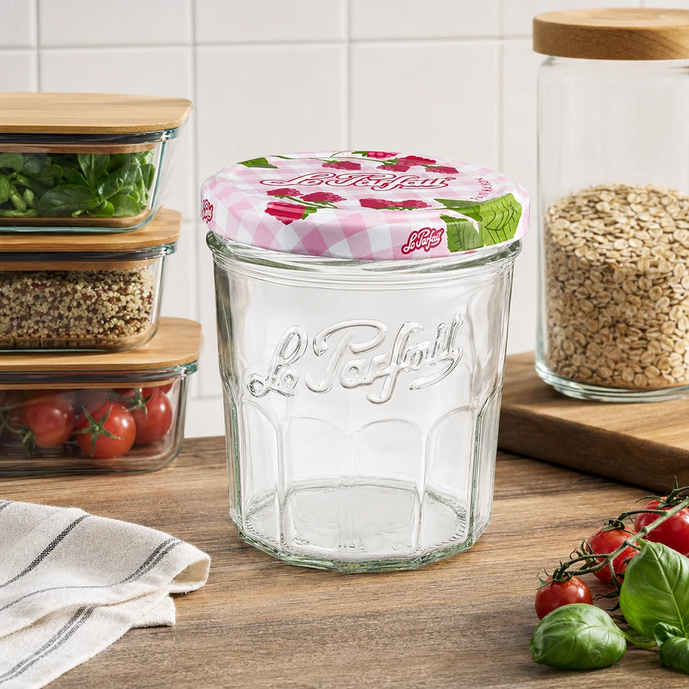 324ml Sturzglas "Jam" mit Schraubdeckel Le Parfait® 324ml Le Parfait Sturzglas leer auf Holzbrett in moderner Küche mit Vorratsgläsern und frischen Tomaten