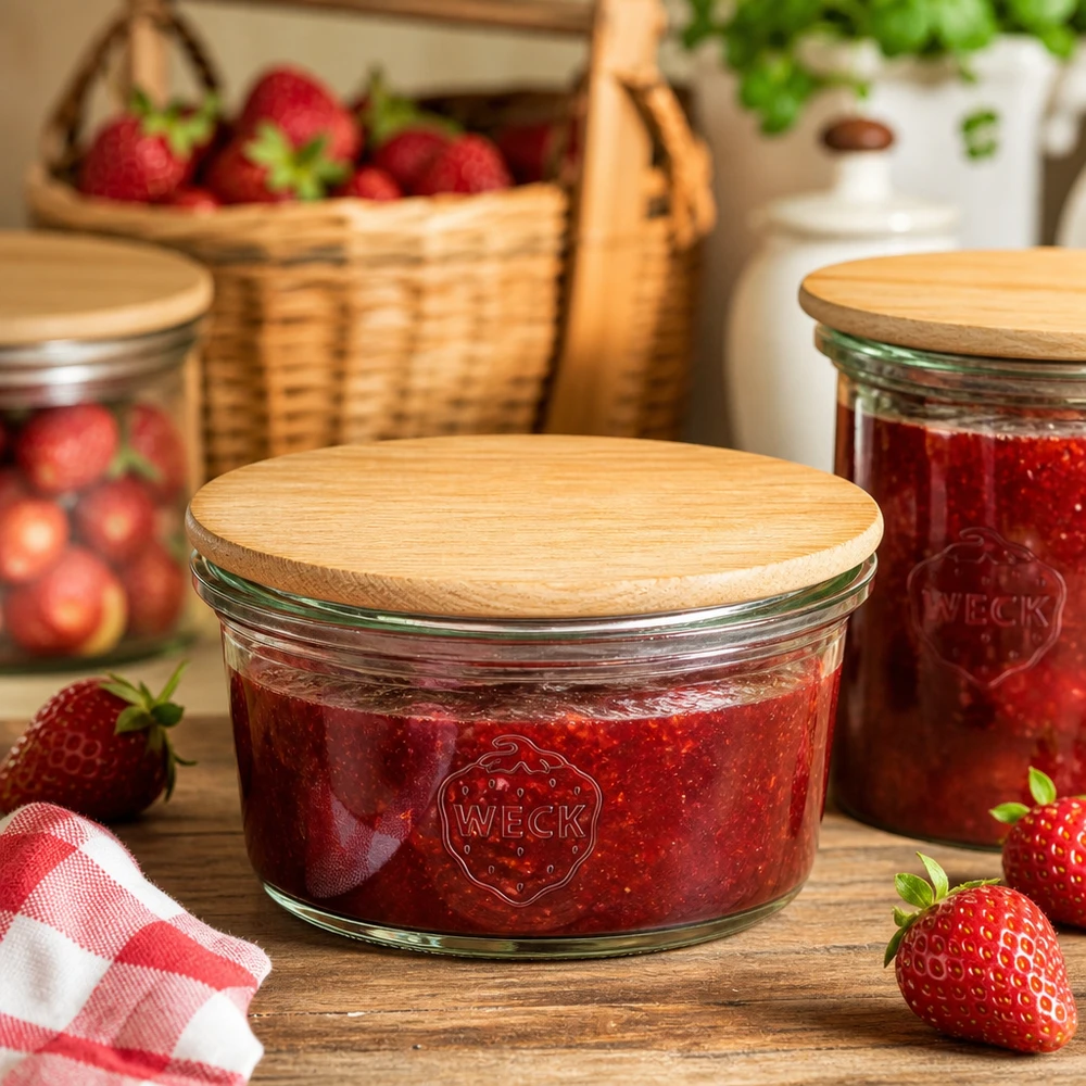 50ml Mini Sturzglas WECK RR60 mit Holzdeckel WECK Mini Sturzglas 50ml mit Erdbeermarmelade gefüllt und Bambusdeckel in rustikaler Küche mit frischen Erdbeeren
