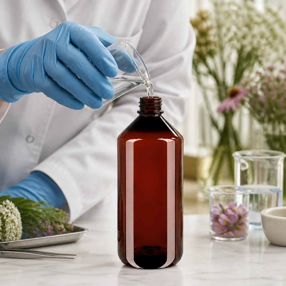 PET Flasche 1000ml mit grünem Verschluss Originalitätsverschluss Nachhaltige PET Kunststoffflasche 1000ml braun mit grünem OV für Kosmetik und Pharmazie