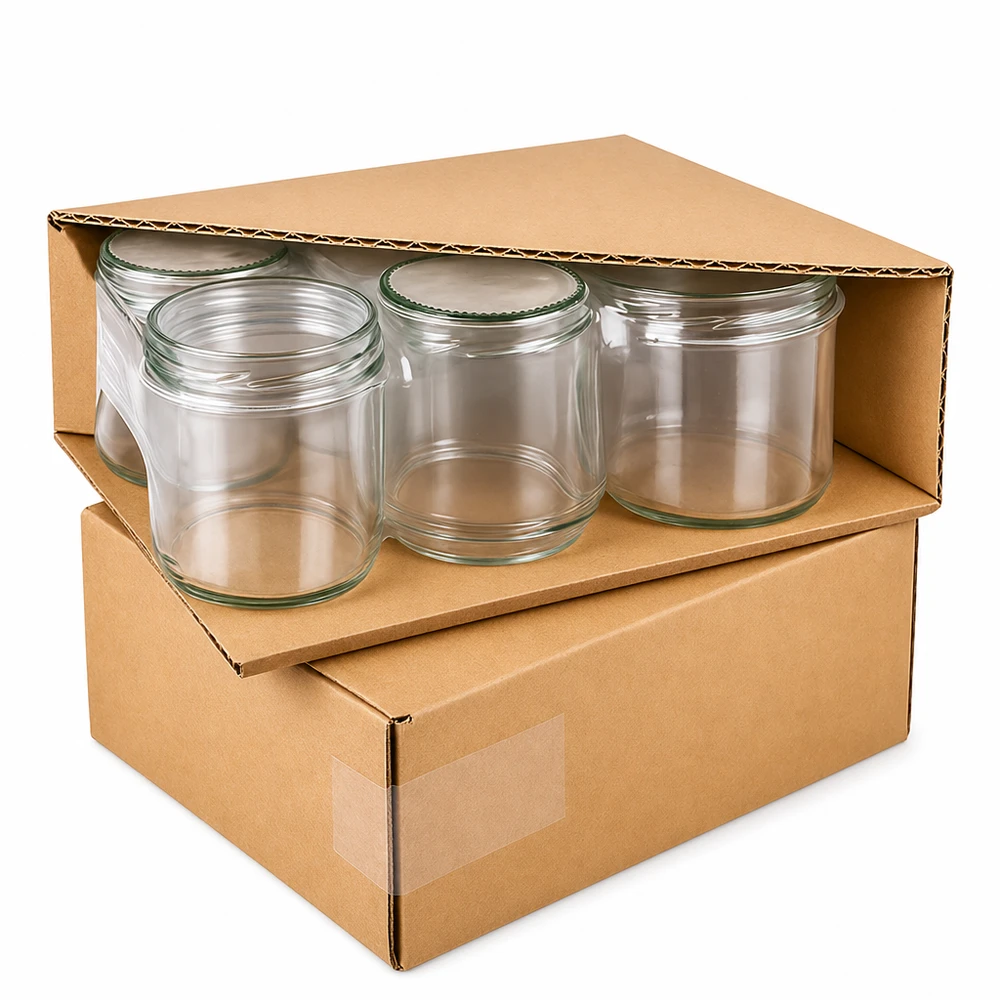 Verpackung von 795ml Rundgläsern mit Blumen-Deckeln mint in Karton, professionelle Lieferung der Einmachgläser