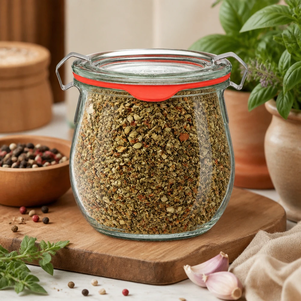 Gewürzglas Idee: WECK-Mini-Tulpenglas 220ml Gewürzaufbewahrung im 220ml WECK Bügelglas mit bunter Pfeffermischung im Hintergrund auf Holzbrett