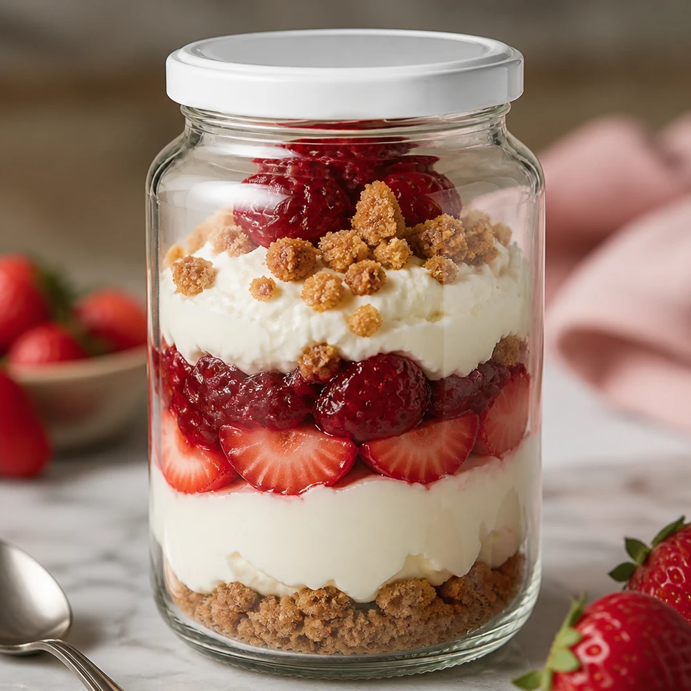 382ml UNiTWIST Rundglas mit weißem BasicSeal Deckel als Dessertglas mit Schichtnachtisch Erdbeeren und Sahne