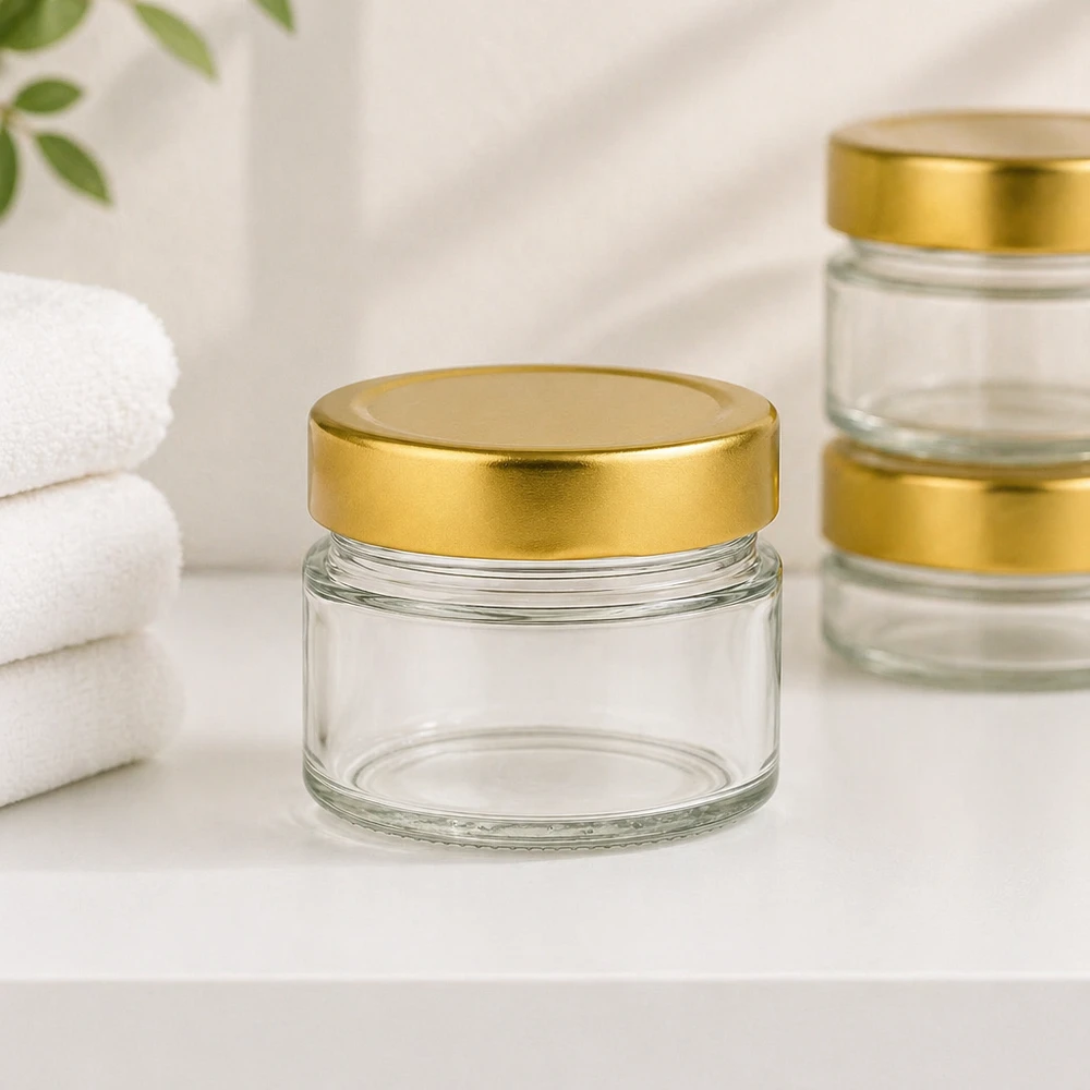 80ml Rundglas mit BasicSeal Deckel gold deep im Badezimmer-Ambiente mit weißen Handtüchern für Kosmetik