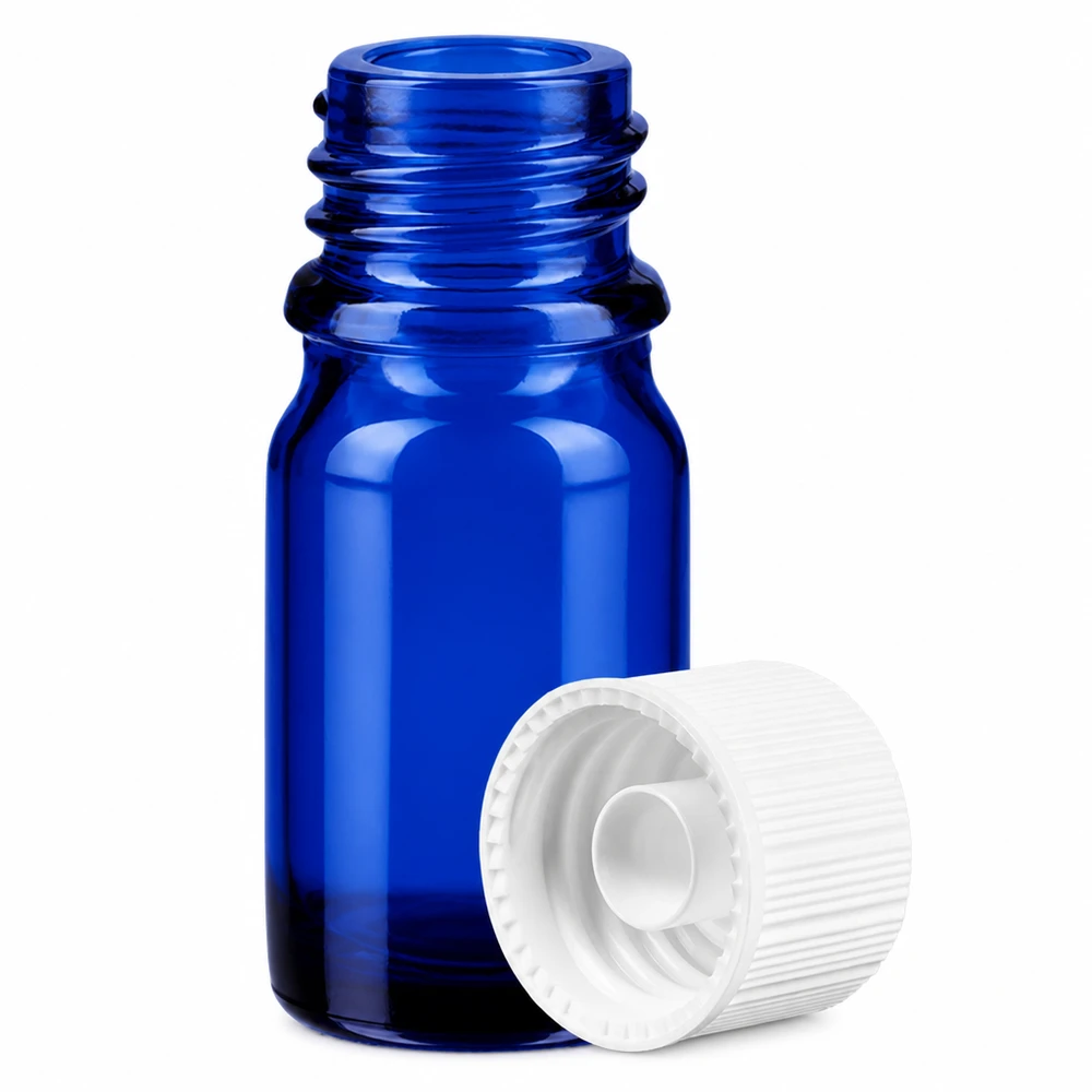Kompakte 5ml blaue Flasche mit kindersicherem weißem Verschluss für sichere Aufbewahrung
