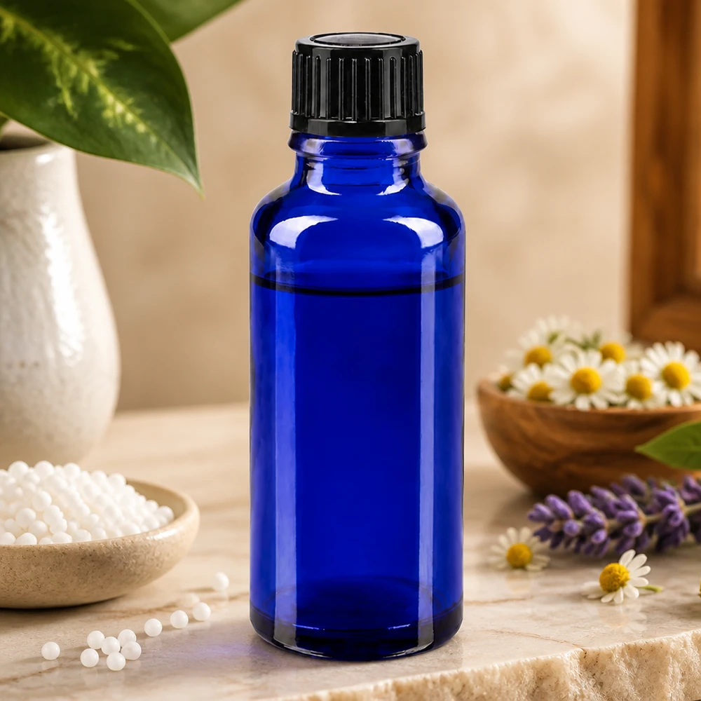 Kobaltblaue Glasflasche 30ml mit Dosierverschluss zwischen Lavendel und homöopathischen Globuli