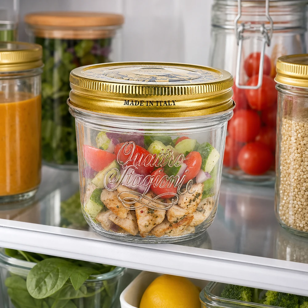 200ml Quattro Stagioni Sturzglas mit goldenem Deckel gefüllt mit buntem Salat in Kühlschrank neben anderen Vorratsgläser