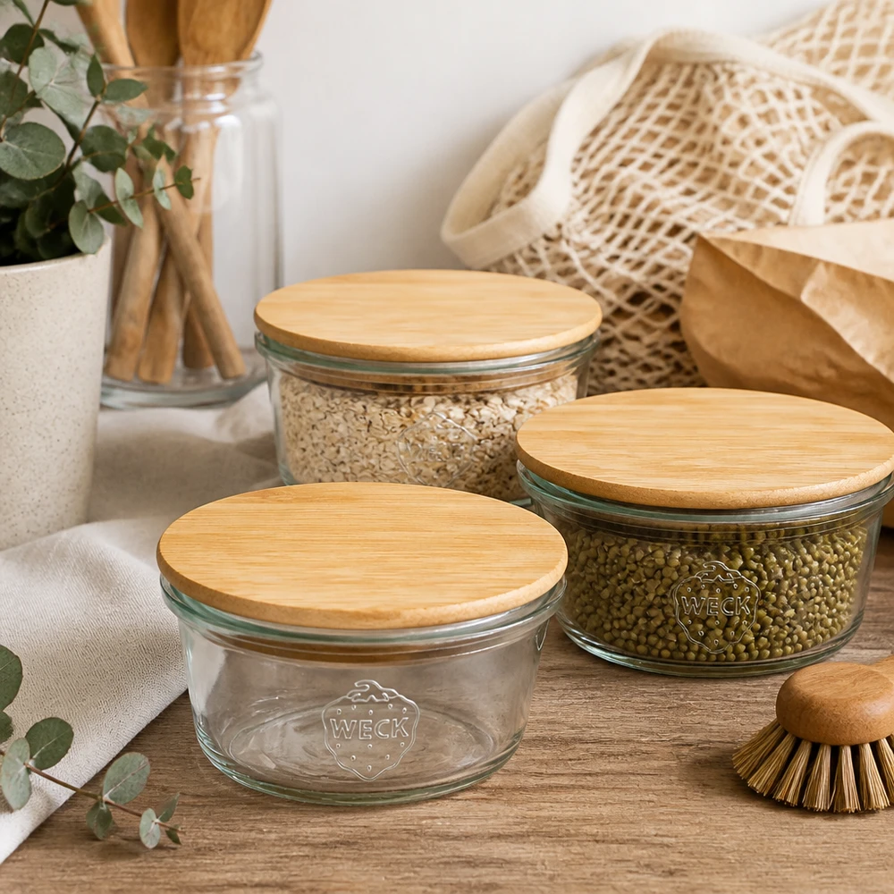 50ml Mini Sturzglas WECK RR60 mit Holzdeckel WECK Mini Sturzglas 50ml mit Bambusdeckel in nachhaltiger Zero-Waste Küche mit Mesh-Beutel und Holzutensilien