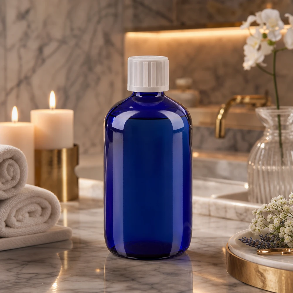 Apothekenflasche blau 100ml Tropfverschluss weiß Kindersicherung Standard Pharmazeutische 100ml Tropfflasche kobaltblau mit KiSi Verschluss für Naturkosmetik Anwendungen