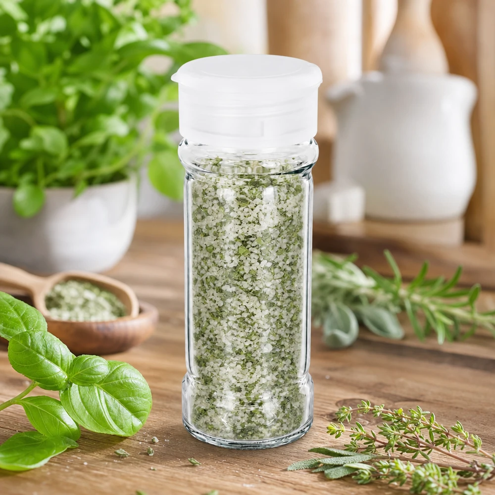 Salz-/Gewürzglas 100ml mit Streuer weiss Transparentes Glasgewürzgefäß 100ml mit weißem Streueraufsatz neben frischen Küchenkräutern